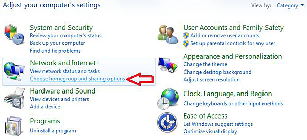 Windows 7 Control Panel, Network and Internet